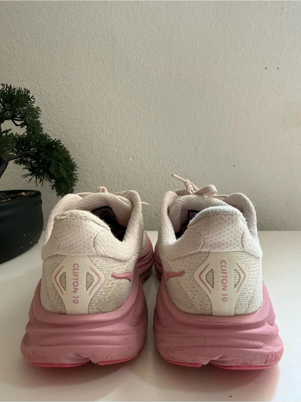 Hoka clifton 10 Women size 5 or big girl 4 Pink and Cream Athletic Sneakers